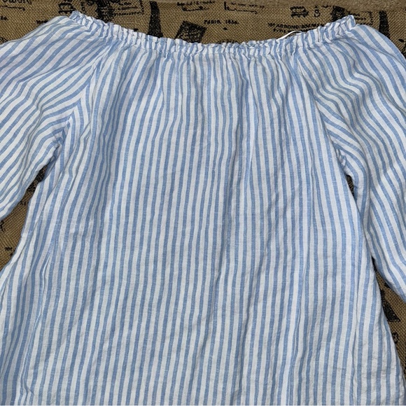 Saks Fifth Avenue 100% Linen Blue White 3/4 Sleeve Off Shoulder Maxi Dress - Picture 7 of 16